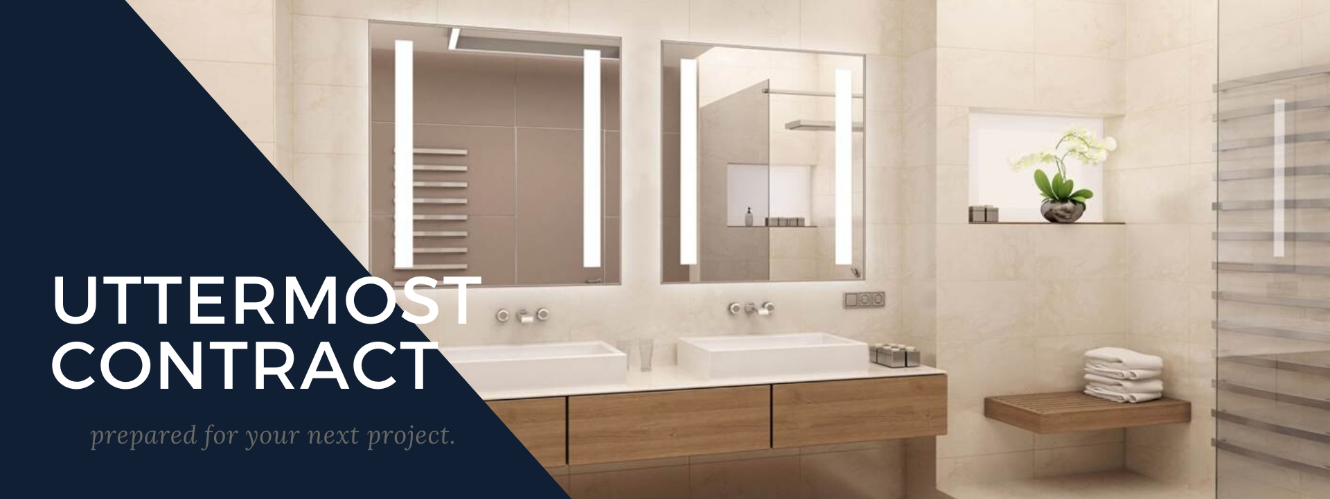 Uttermost Contract.  Prepared for your next project.  A backlit mirror is shown in a bathroom setting.
